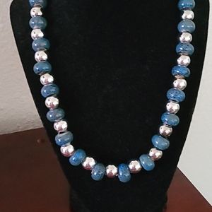 Blue ceramic and silver plated bead necklace